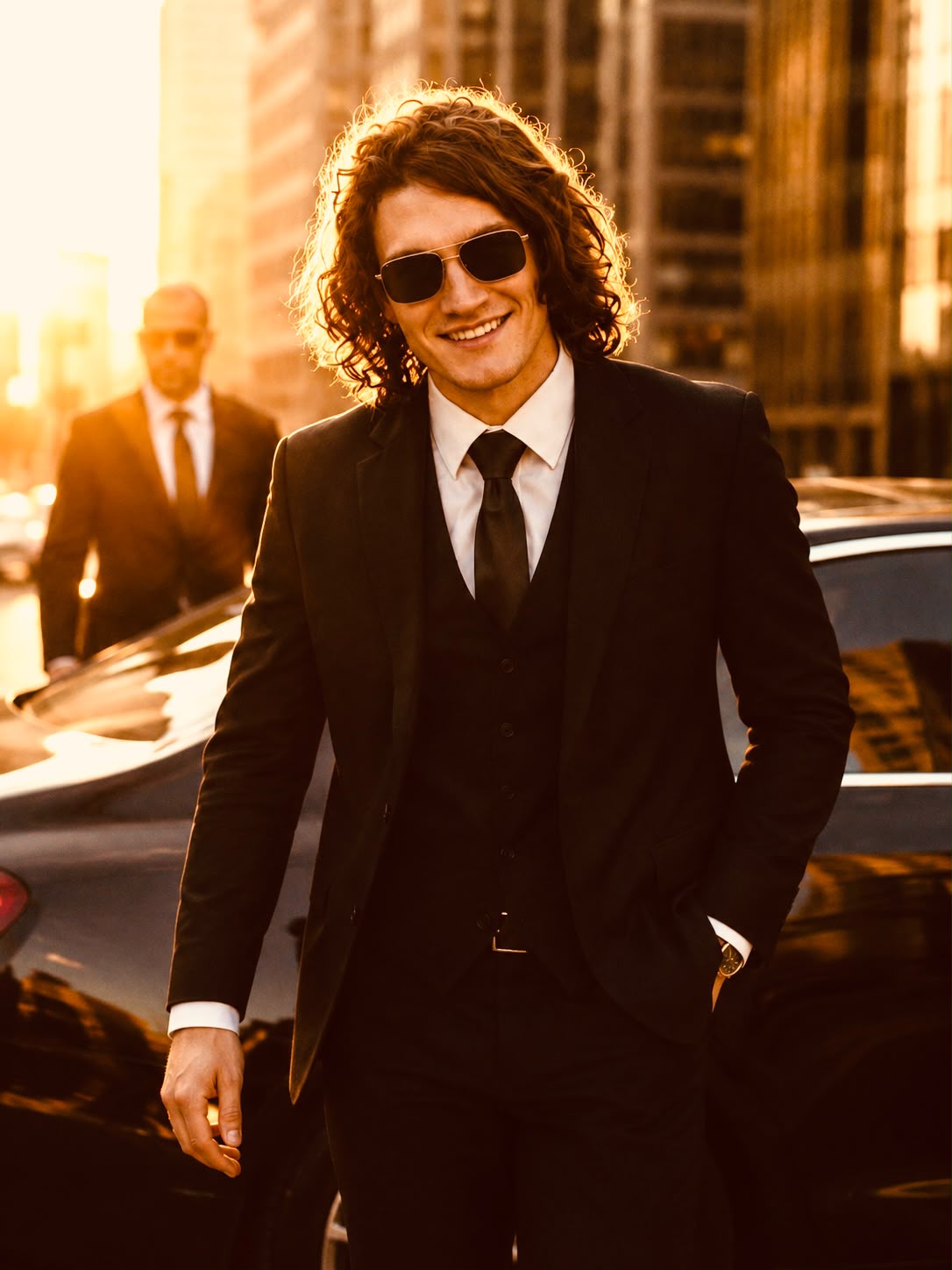 Phil Cyber in a black suit at golden hour